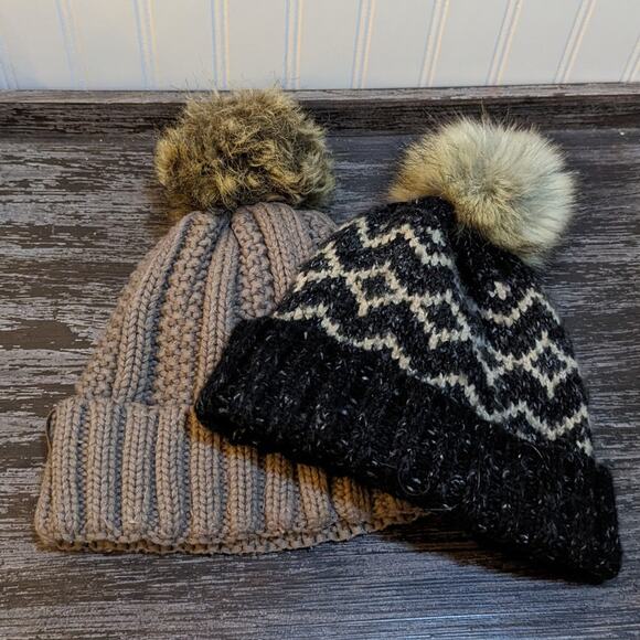 Women's Winter Fashion Hats with Pom Pom Top (set of 2) Brown/Black - Picture 1 of 7